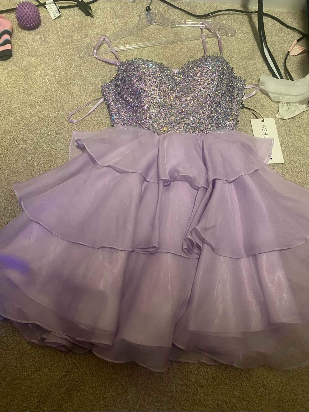 Lavender Sequin Bodice Tiered Mini Dress
